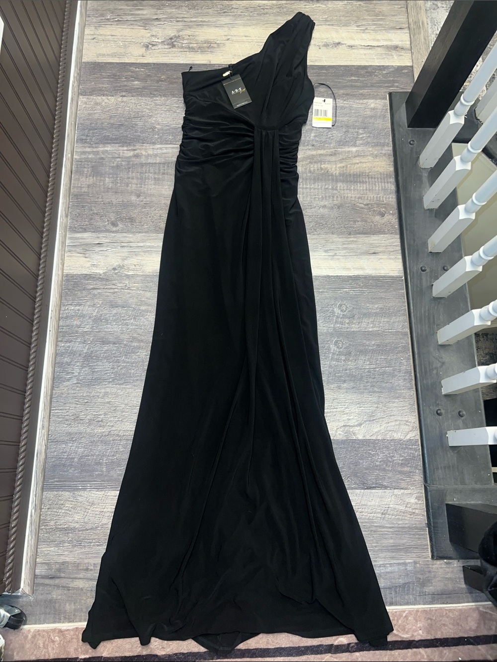 ABS Allen Schwartz One-Shoulder Black Evening Gown